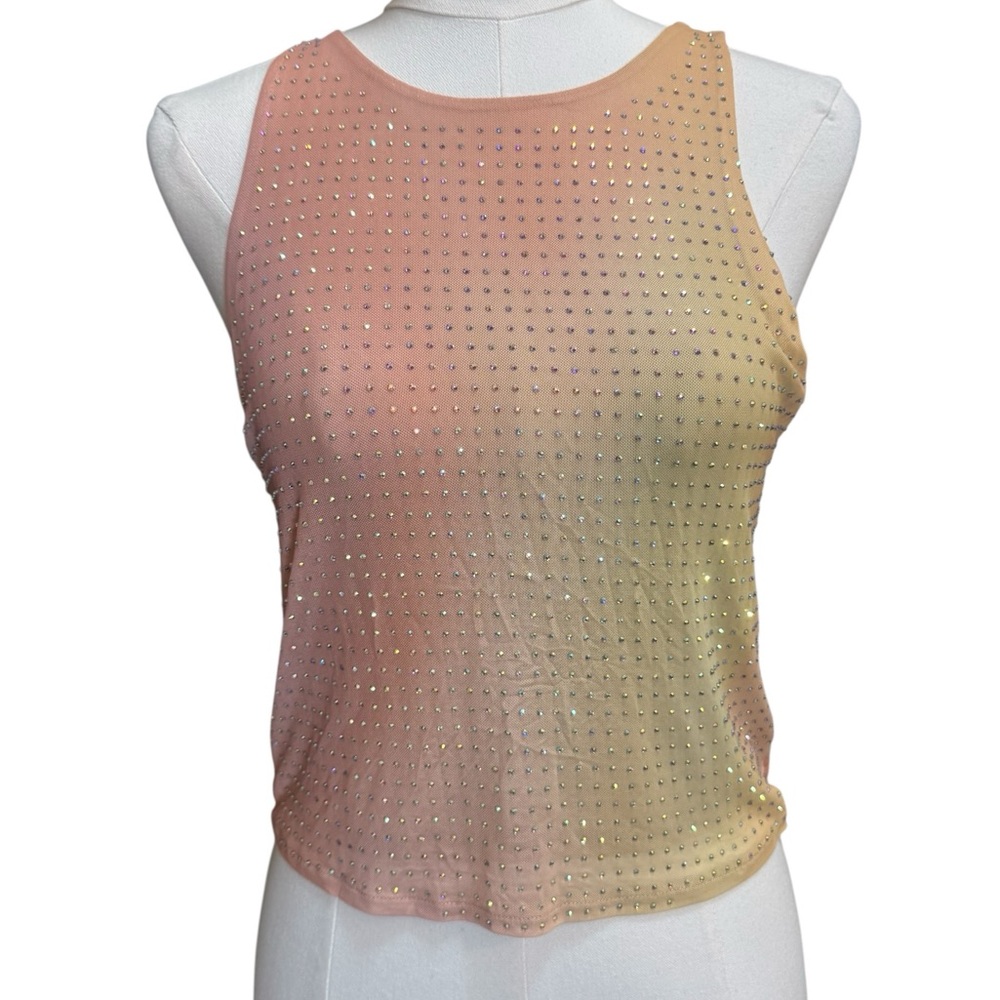 Bailey 44 Rhinestone Mesh Tank Top Medium Peach Ombre Sheer Sparkle